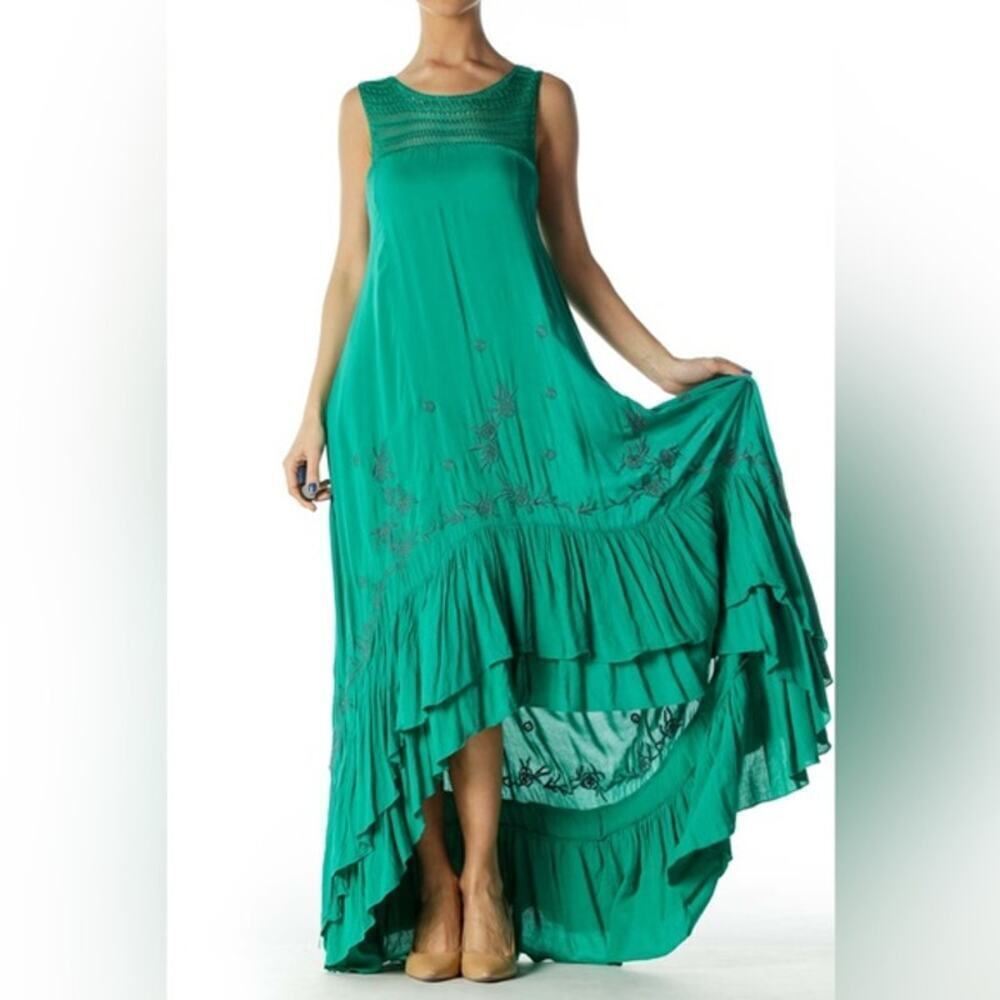Free People Green Embroidered Flowing Day Dress Crochet Hi Low Hem Size Small